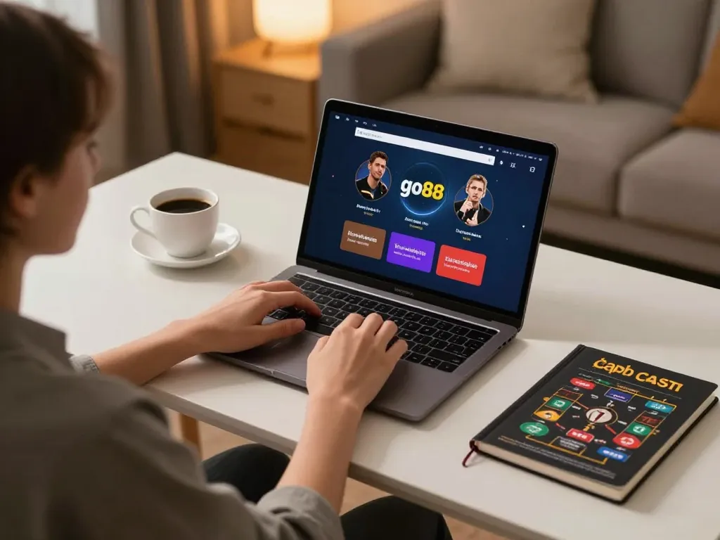Player engaged with go88 online casino app on laptop, showing strategic gameplay and comfortable setting.