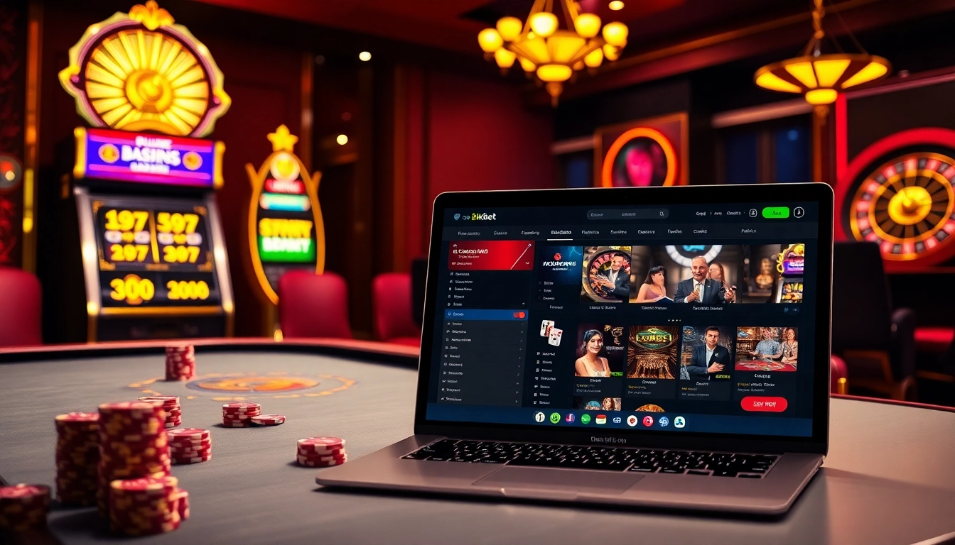 Engage with thrilling games at https://8kkbet.com/, showcasing vibrant slots and poker action in an elegant casino environment.