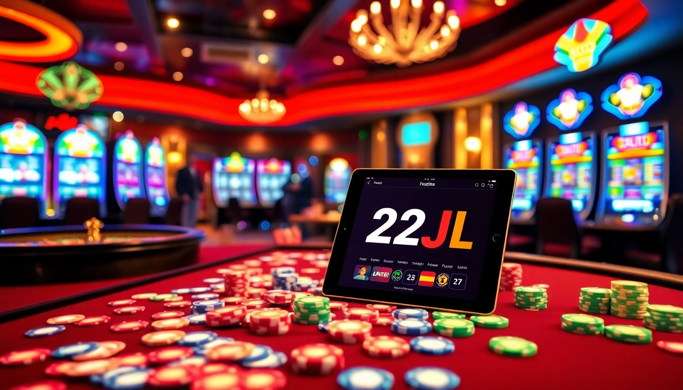 Excited players engage with the 22JL casino, surrounded by vibrant gaming tables and lively slot machines.