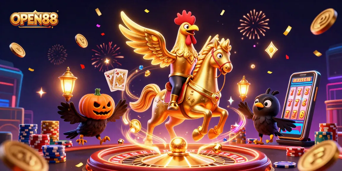 Experience winning at OPEN88 with vibrant 3D casino adventures featuring golden rooster and festive elements.