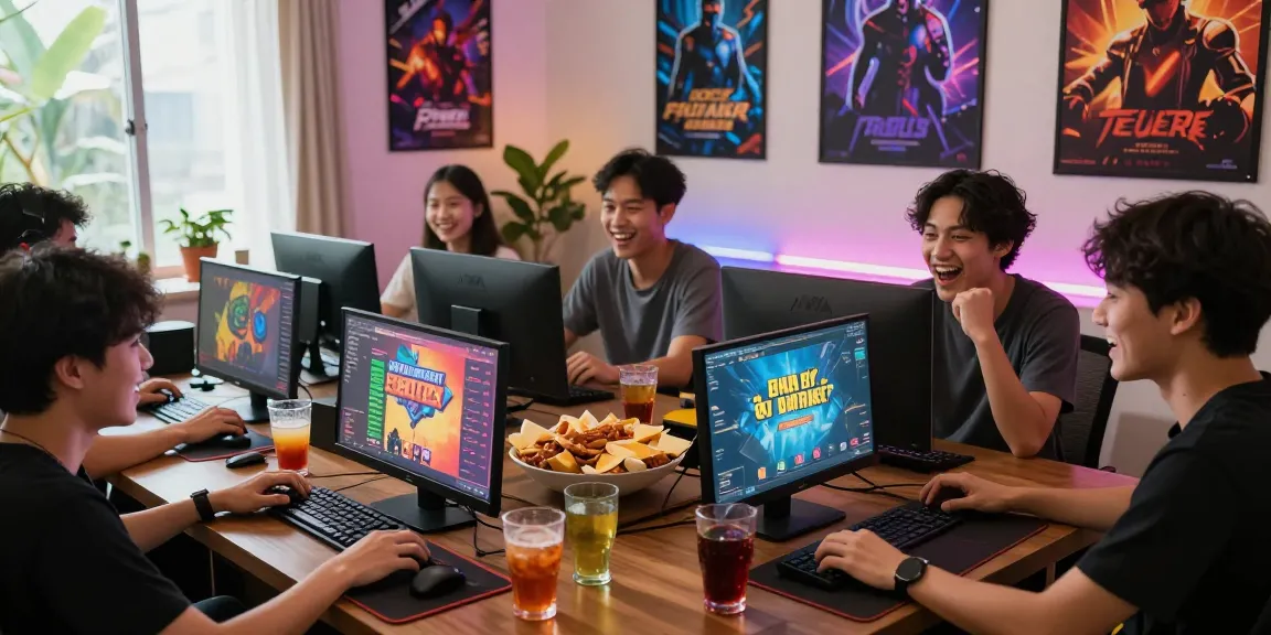 Friends engaged in game bài đổi thưởng, highlighting a lively gaming atmosphere with devices and snacks.
