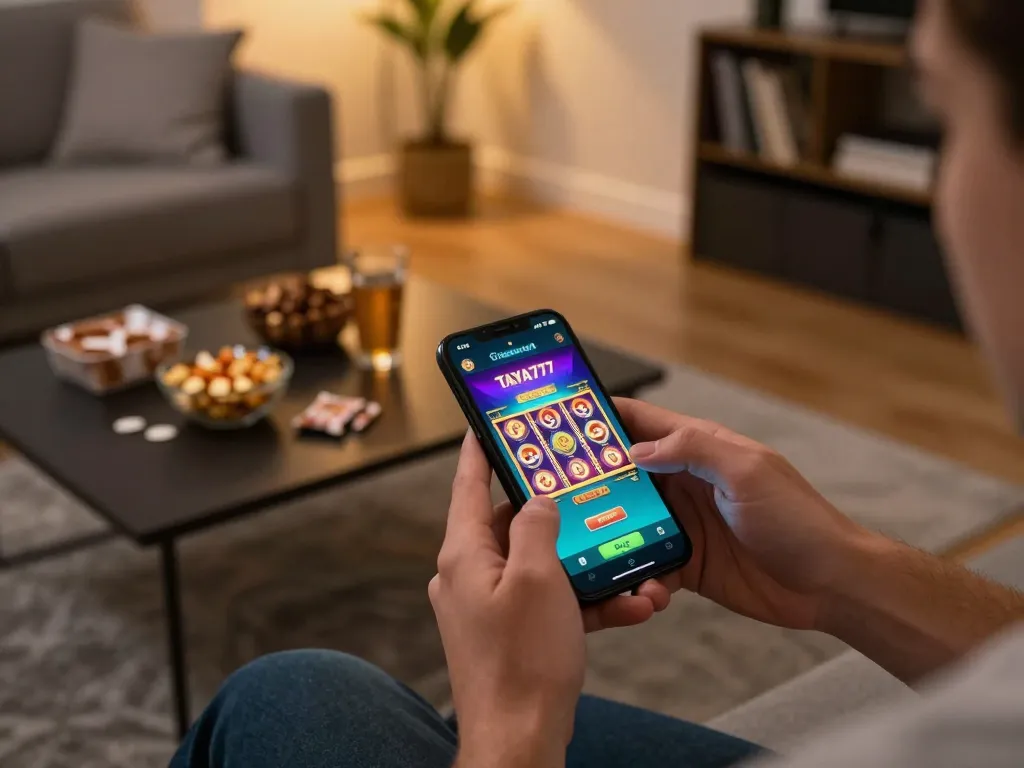 Experience thrilling gameplay with TAYA777 link in a cozy home setup featuring mobile casino games
