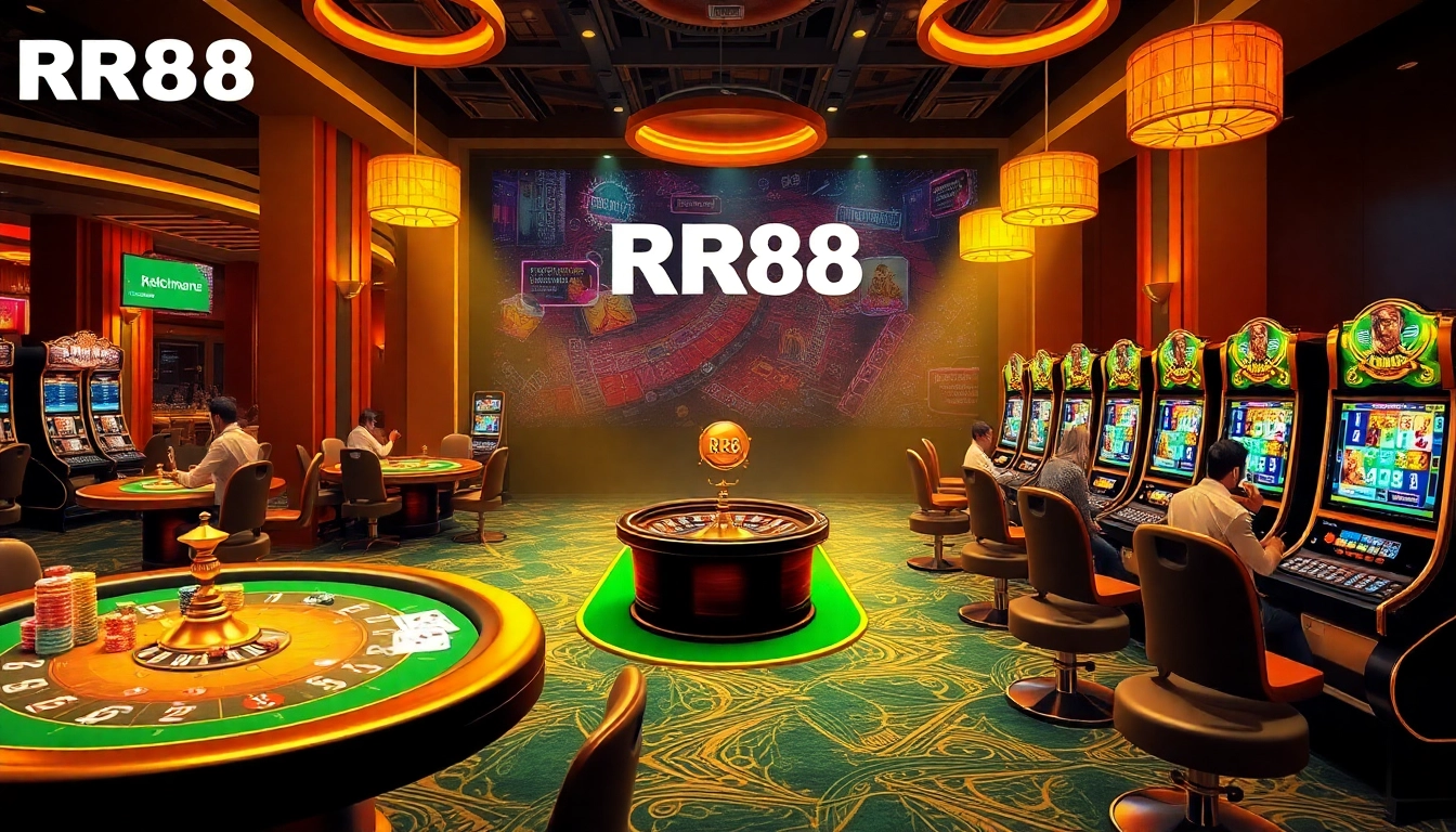 RR88 players enjoying a vibrant online casino experience with poker tables and slot machines.