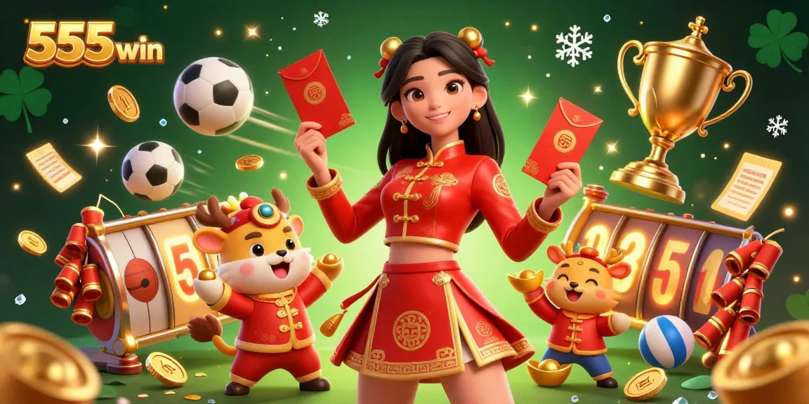 Experience the thrill of 555win with vibrant scenes of lucky charms and gaming excitement.