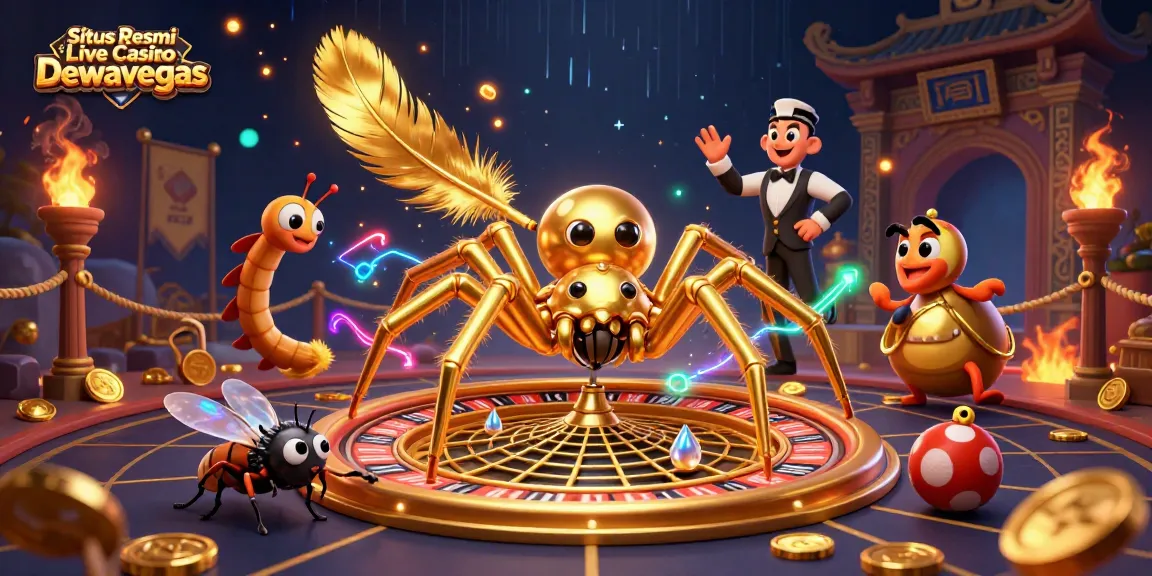 Situs Resmi Live Casino Dewavegas showcases a vibrant roulette wheel scene with a golden spider and a centipede croupier.