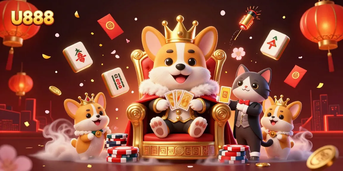U888 offers thrilling gaming experiences with a royal corgi on poker chips and vibrant symbols.