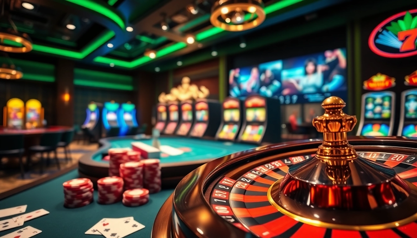 Experience exhilarating gameplay at 32win.reviews with casino tables and a spinning roulette wheel.