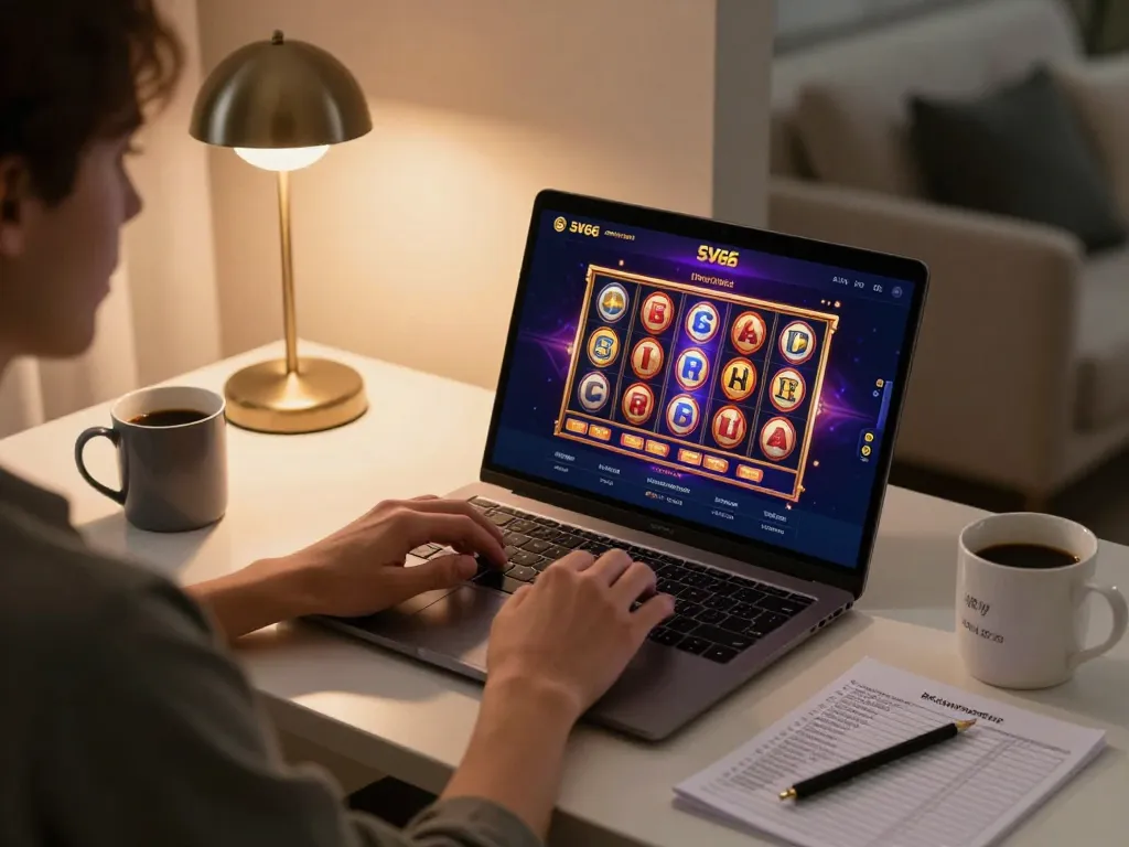 Playing immersive slot games on SV66 with a cozy online setup, showcasing responsible gambling.