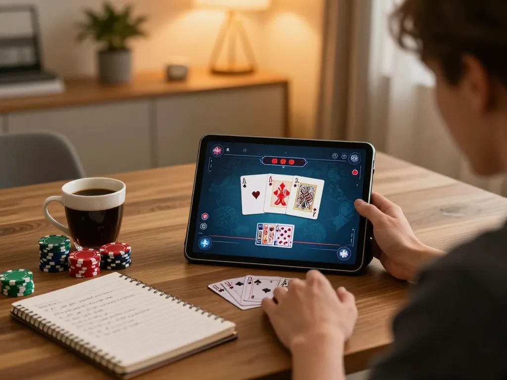 DABET player engaging in online poker gaming with strategy notes at a stylish desk.