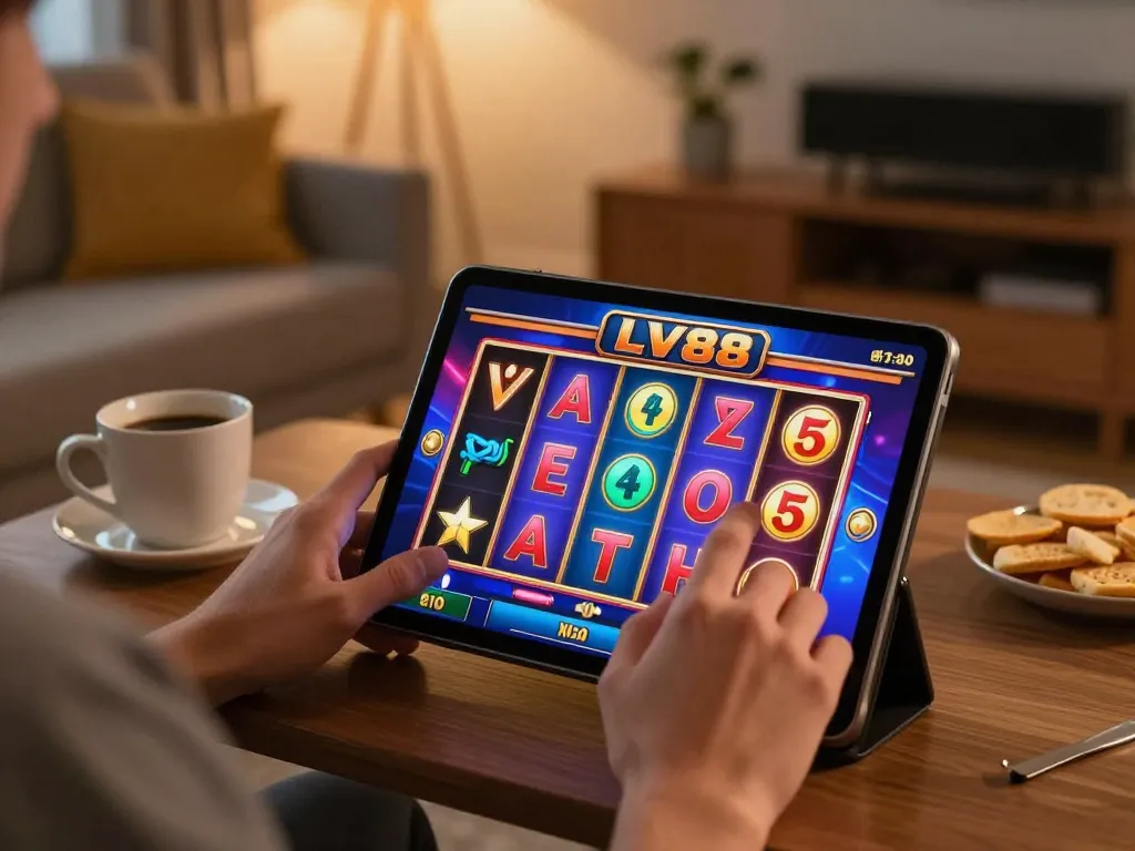 Engaging online gambling moment with LV88 slot game on tablet in cozy home setting