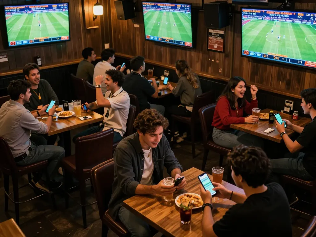 Kèo bóng đá displayed prominently while sports fans celebrate at lively sports betting scene.