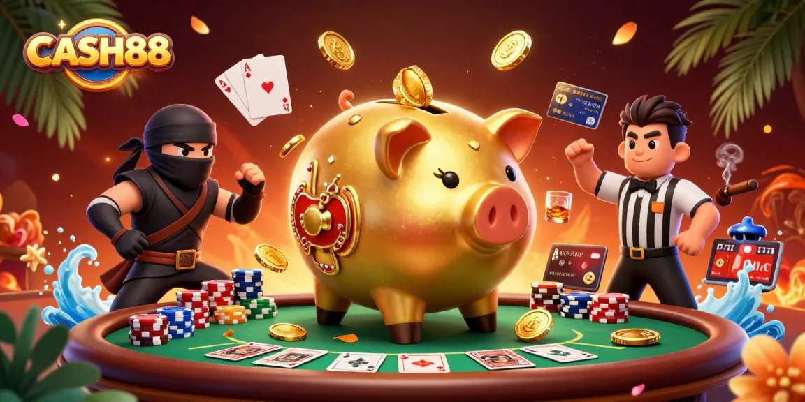 Engage with CASH88's vibrant 3D illustration featuring a golden piggy bank sumo wrestler amidst poker chips and cards.
