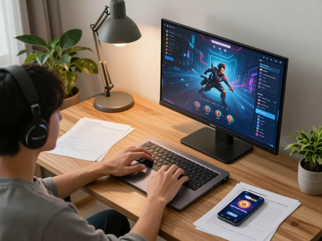 Engaging gameplay on 789win seen in a modern home office setting, combining strategic notes and online casino action.