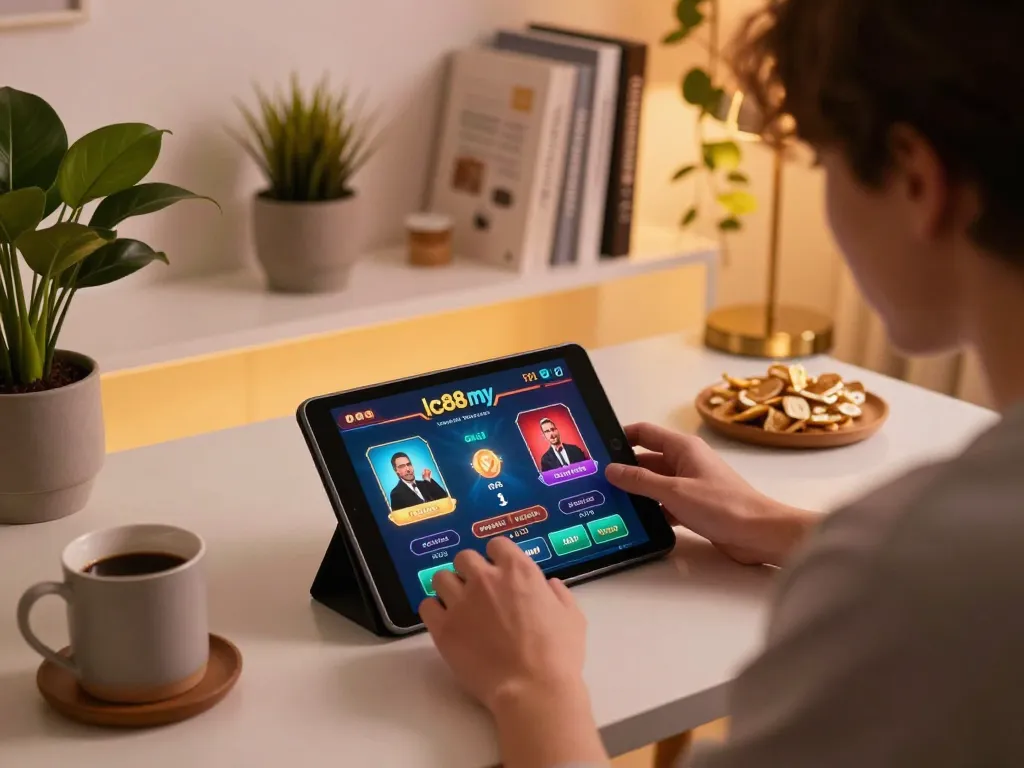 Engaged player using lc88 my for online casino gaming on a tablet in cozy home environment