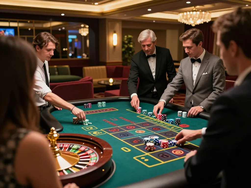 G28 casino scene showcasing players engaged in an exciting roulette game, chips on the table and vibrant atmosphere.