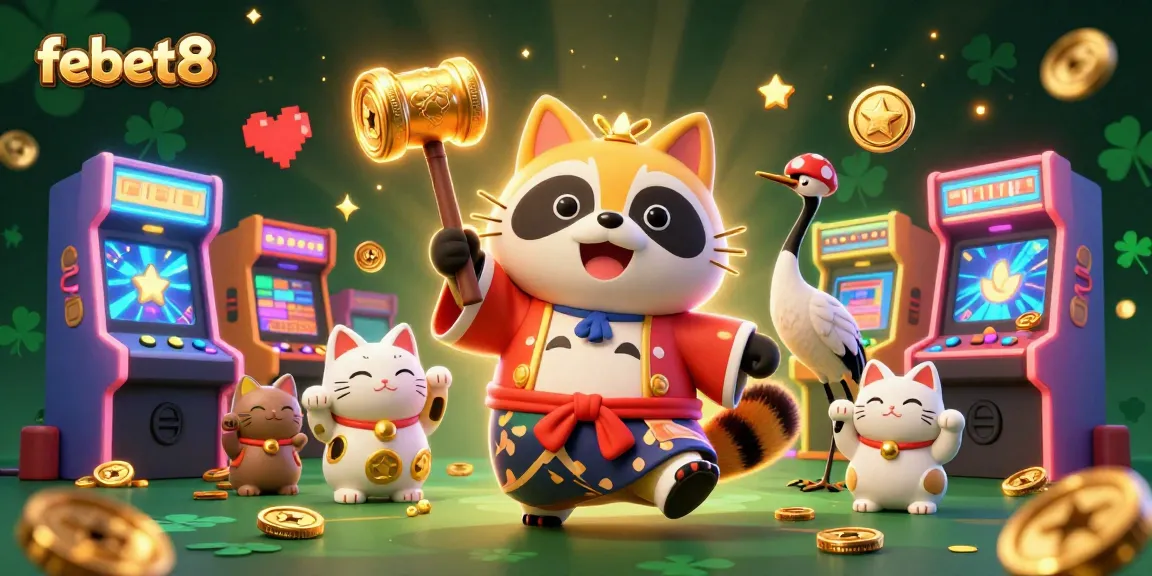 Engage in thrilling gameplay at febet8 with cheerful tanuki and fortune cats among arcade games.