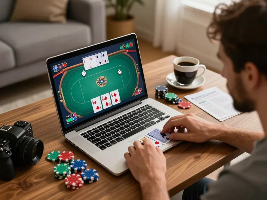 Playing poker on a laptop at home with Fly88, showcasing a vibrant gaming atmosphere and strategy notes.