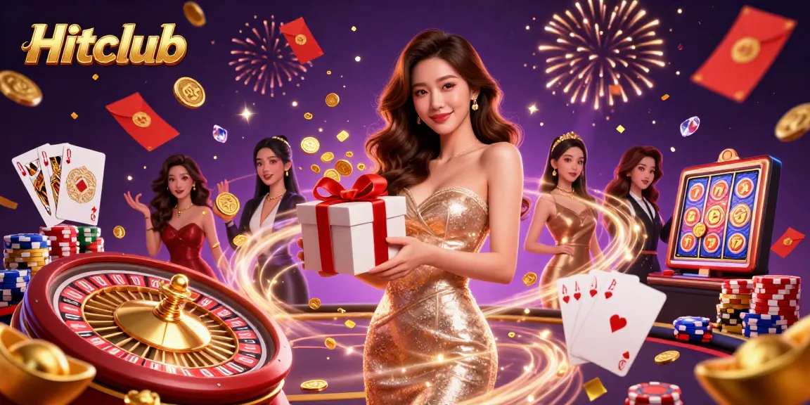 Hitclub's stunning Asian woman holding a gift box, amidst cascading casino elements.