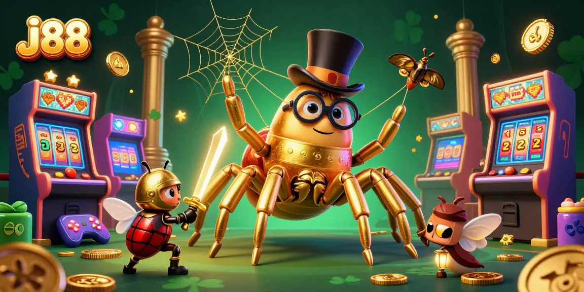 Experience the excitement at j88 with a golden tarantula weaving casino magic and vibrant game machines.