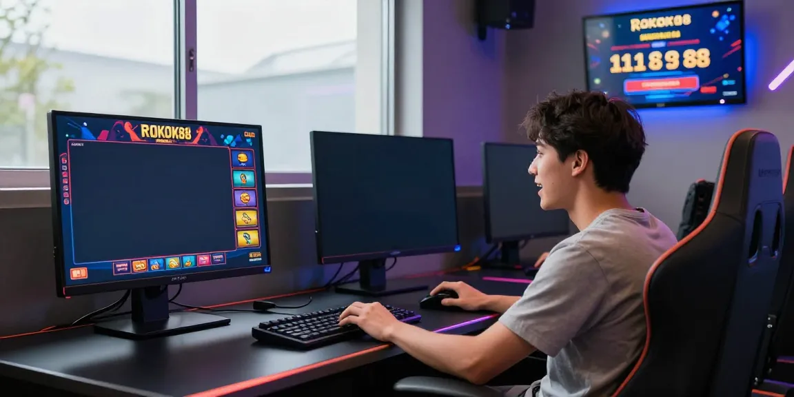 Player enjoying the ROKOK88 slot game with vibrant visuals and gaming setup.