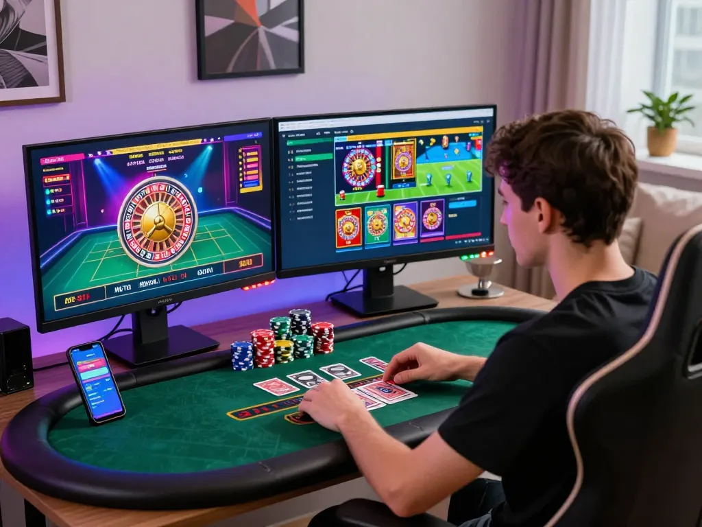 Engaging online gambling experience with 8kbet on dual monitors and vibrant gaming setup.