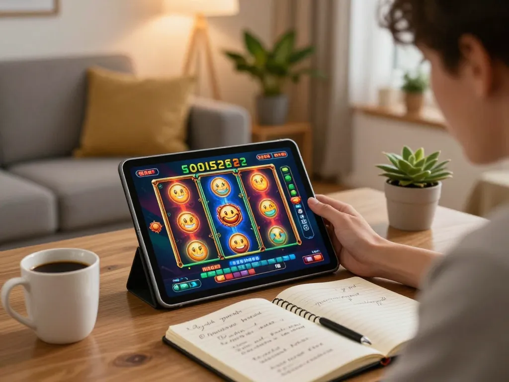 WIN79 player enjoying an immersive online slot game experience in a cozy home environment.