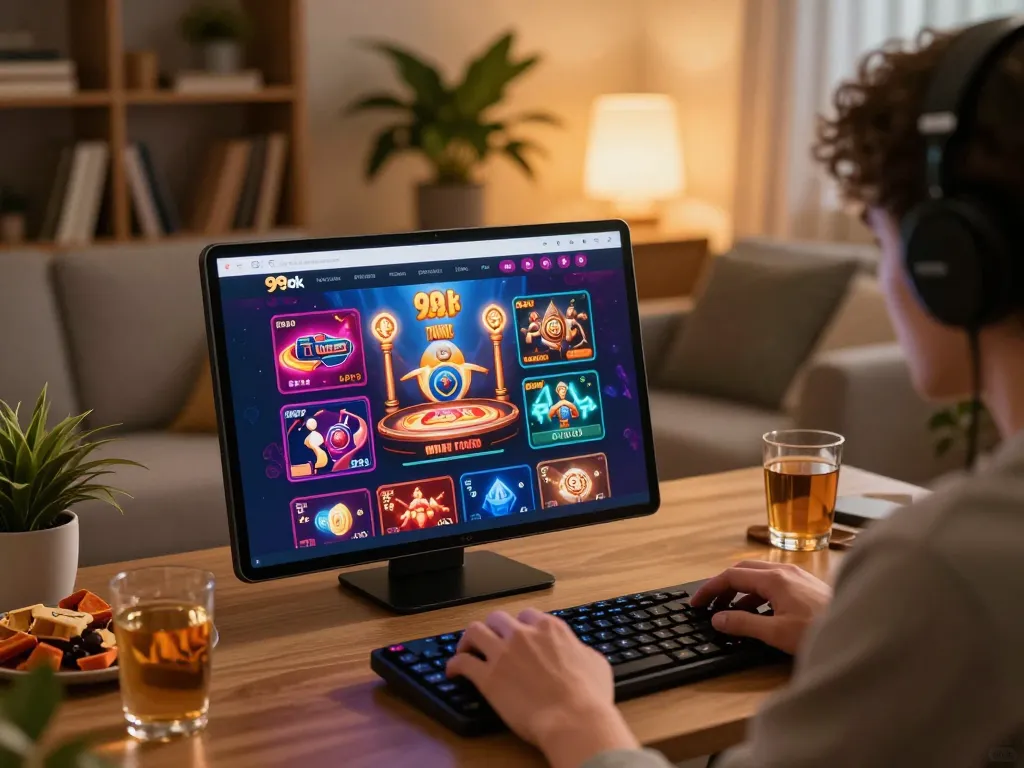 Engaging gameplay on the 99ok platform while enjoying a home setting with snacks and drinks