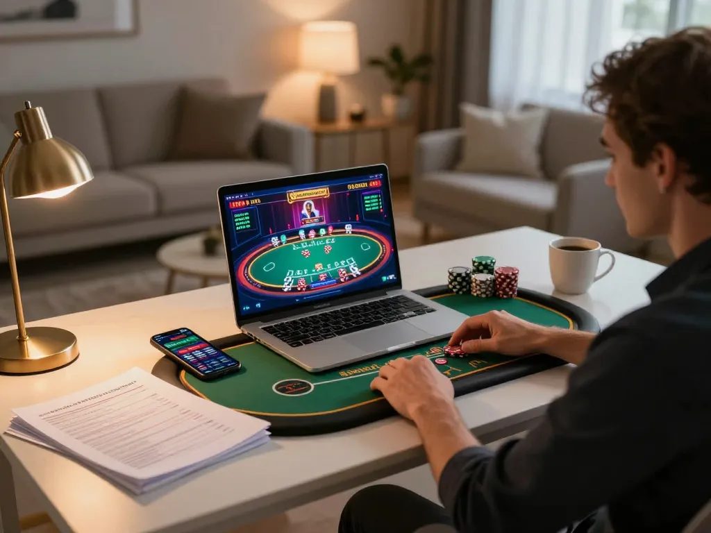 Engaging with uk88 online poker game on a laptop with strategic notes nearby