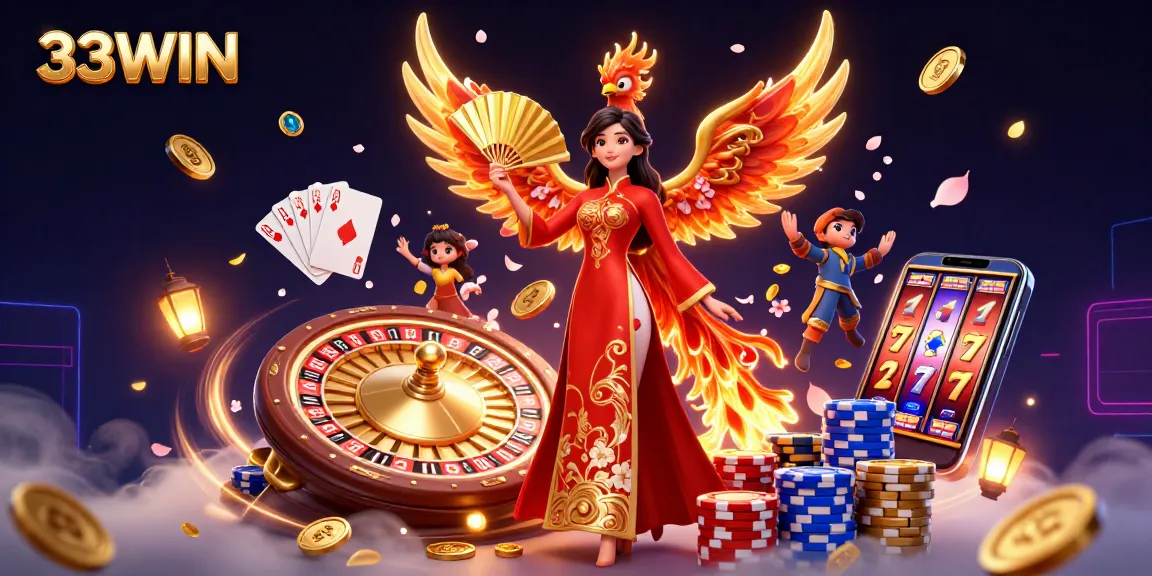 Experience the thrill of 33WIN with captivating visuals of a casino scene showcasing live games and vibrant characters.