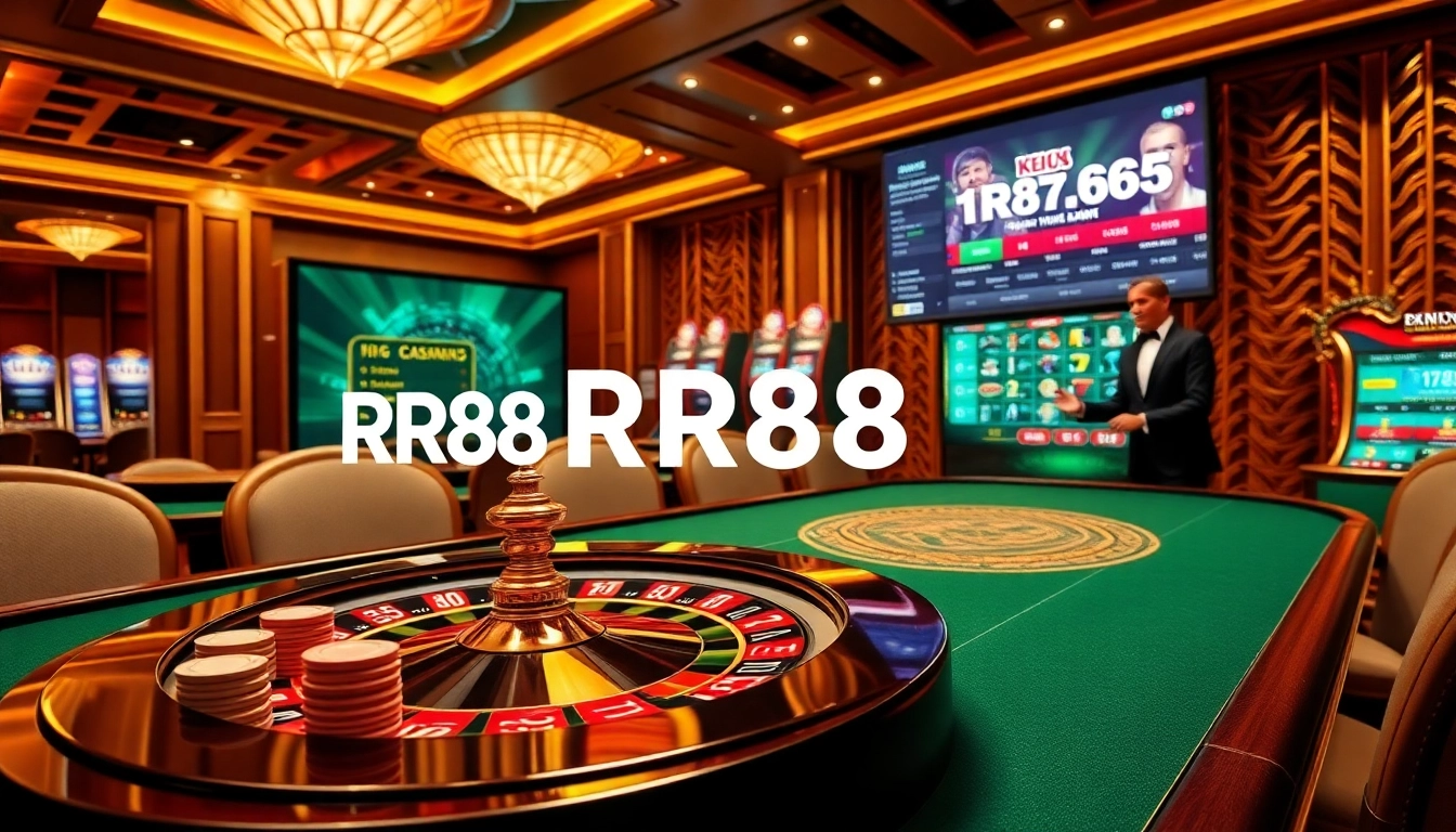 Nền Tảng RR88 showcases an extravagant casino setting with stylish gaming tables and lively slot machines.