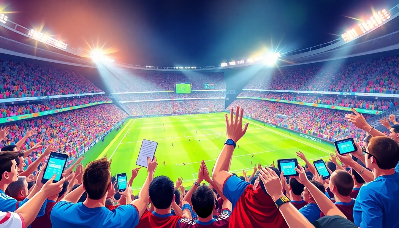 Exciting football fan scene showcasing kèo nhà cái betting atmosphere with cheering crowd and live odds.