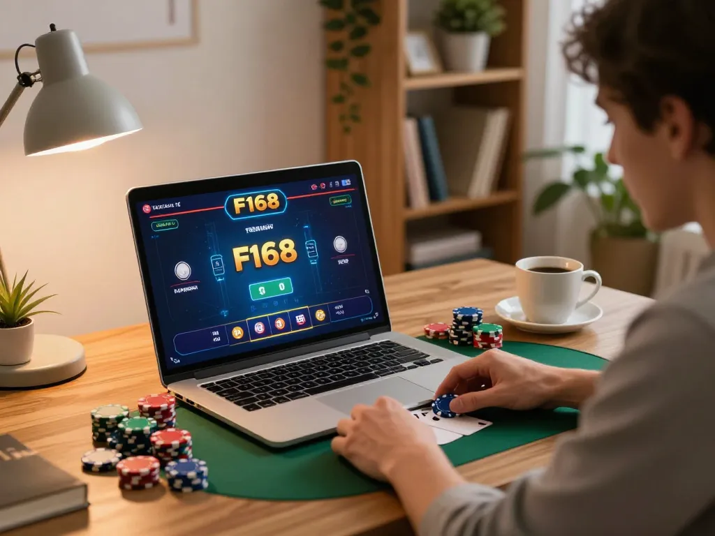 Player enjoying F168 poker game on laptop at home, highlighting online gaming convenience