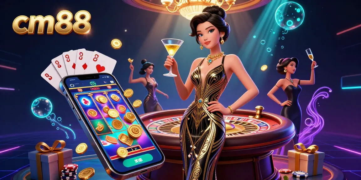 Engage in exciting gameplay with cm88, portraying a glamorous casino scene with dynamic slot game elements.