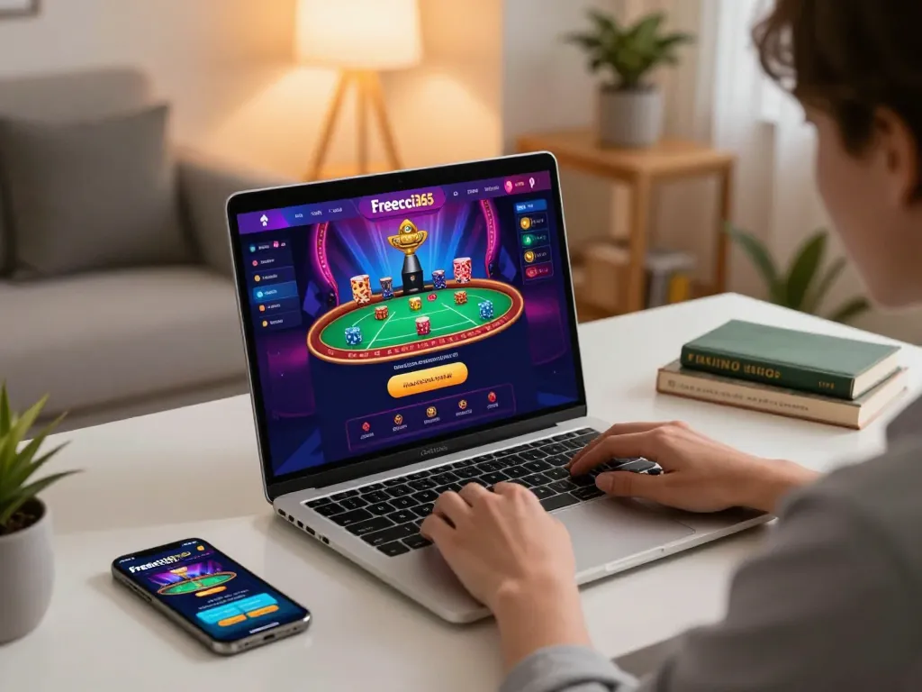 Engaging player using Freecuci365 for online gambling on a laptop, with colorful poker interface and cozy home setting.