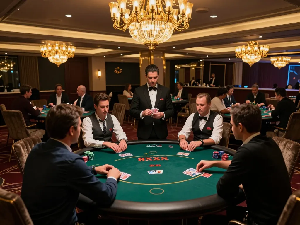 8XX VIP players engaged in strategic gameplay at an upscale casino poker table
