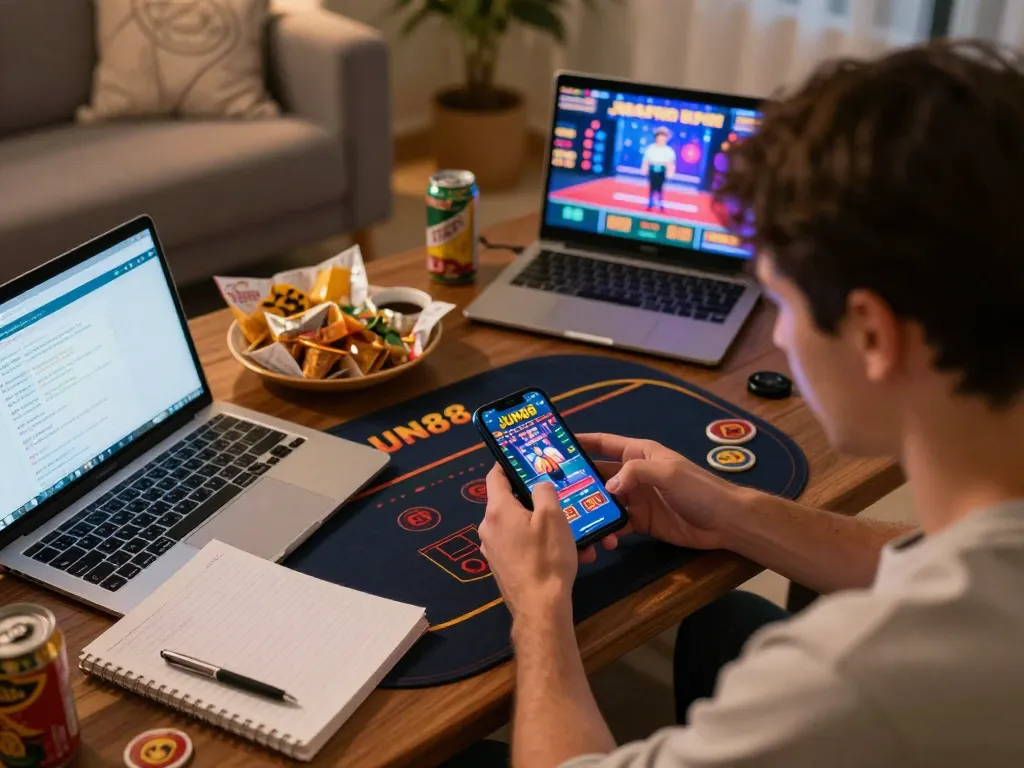 Engaging player using the JUN88 casino app on smartphone for online betting with a cozy setup