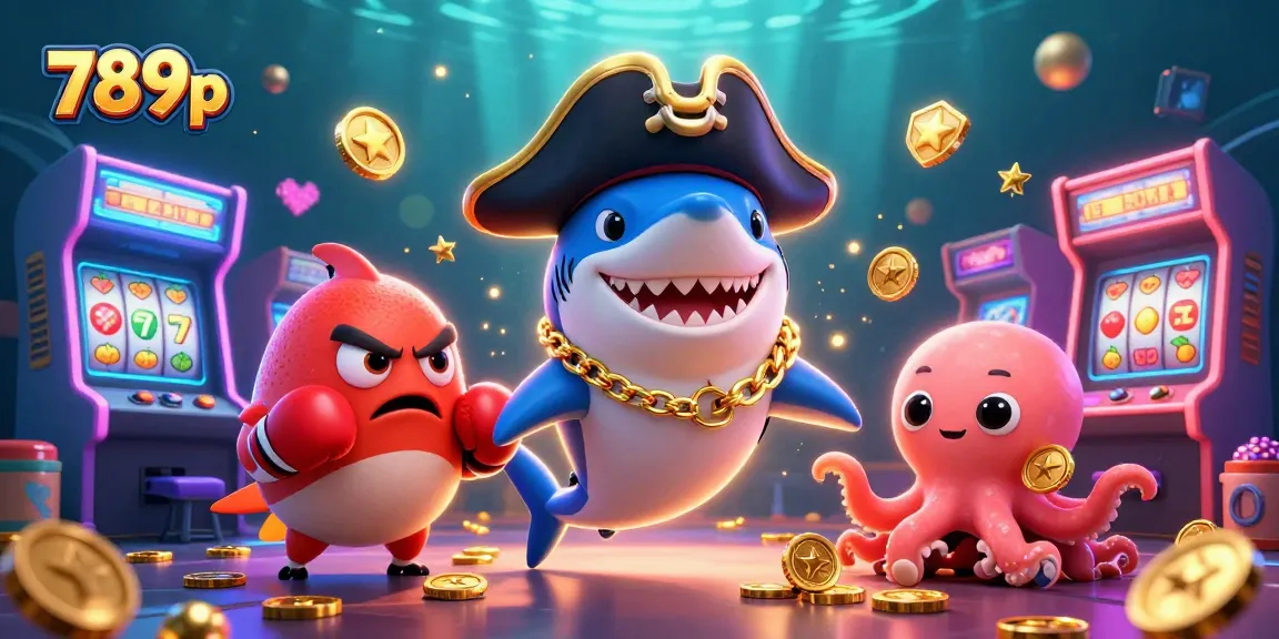 Join the fun at 789p casino with vibrant illustrations of a pirate shark and friends amidst slot games and gold coins.