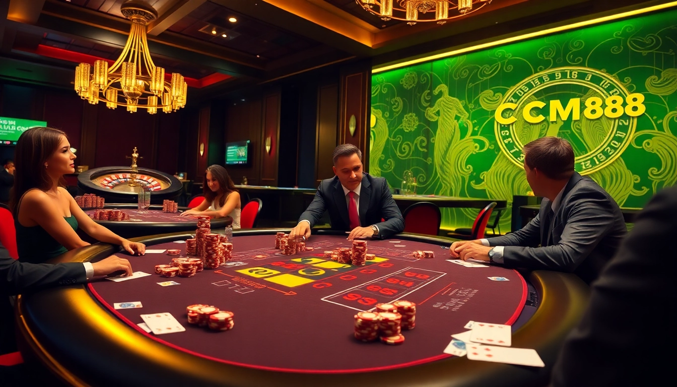 CM88 players enjoying high-stakes poker in a luxurious casino setting with chips and cards.