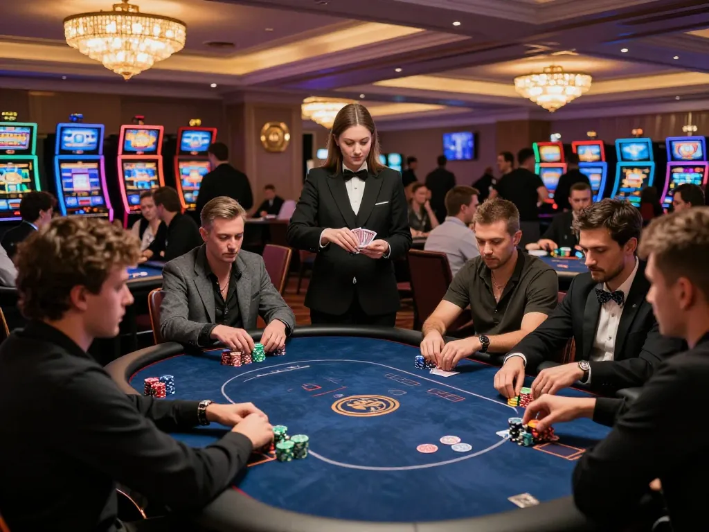 Players engaging in competitive poker at LODE88 casino tournament, surrounded by vibrant atmosphere.