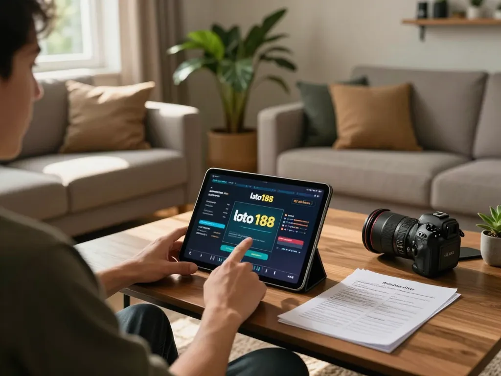 Player engaging with loto188 app on tablet in a cozy living room, showcasing online gaming atmosphere
