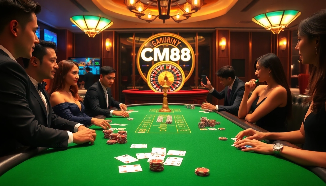 CM88 players enjoying an exciting poker game at a luxurious casino table with vibrant ambiance.