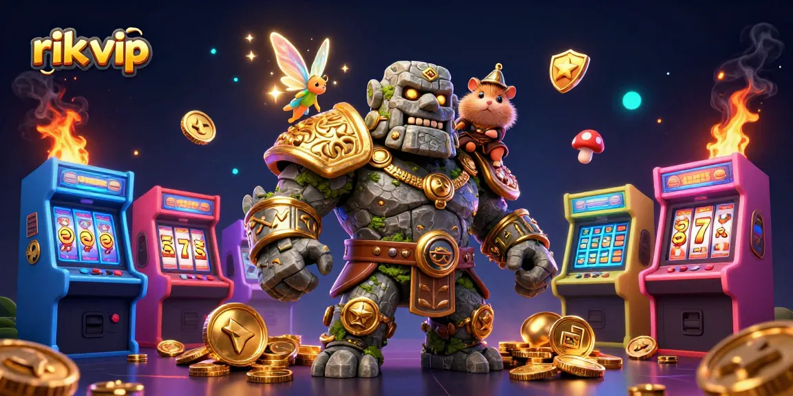 Spin the reels at rik vip casino with a magical golem guardian and vibrant slot machines.