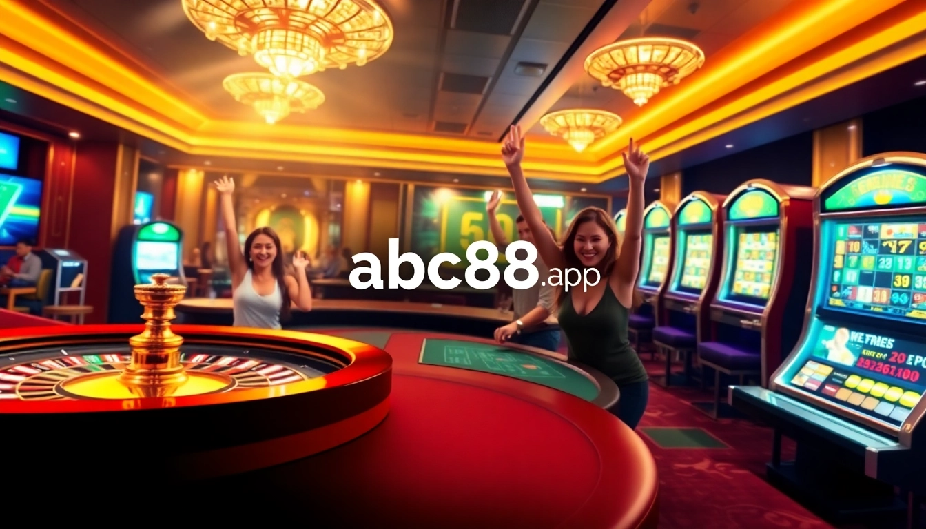 Players enjoying games on abc88.app, showcasing a luxurious casino experience with vibrant slot machines, poker tables, and roulette.