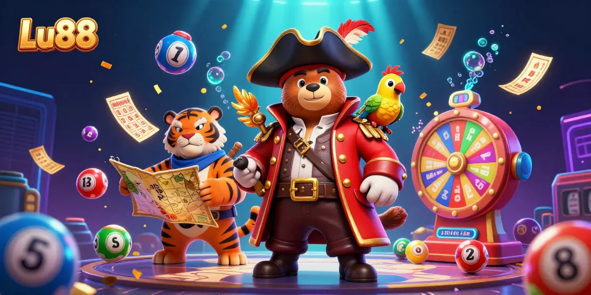 Lu88 pirate-themed casino illustration showcasing vibrant lottery elements and characters