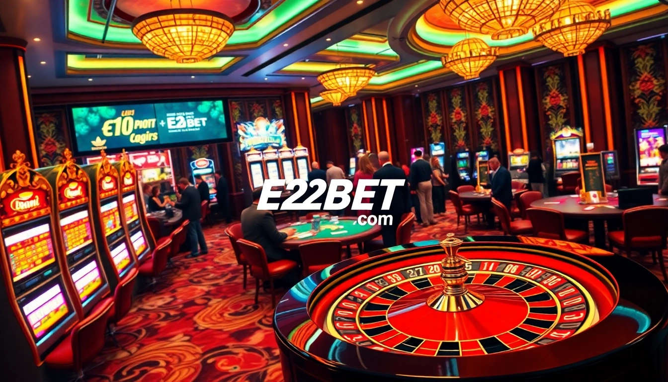 Experience the excitement of E2BET. com in a luxurious casino setting with dynamic gaming action.