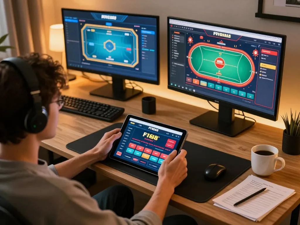 Person enjoying poker gameplay on the F168s app, showing a modern gaming setup