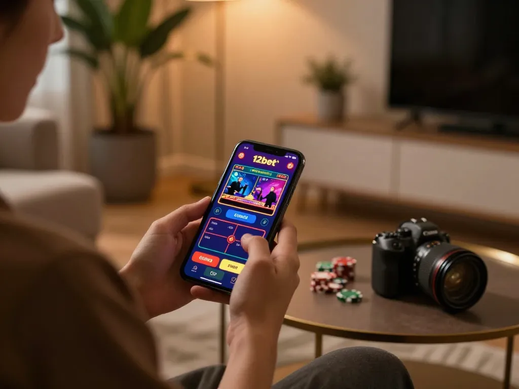Người dùng ứng dụng di động 12bet đang thưởng thức trò chơi với người chia bài trực tiếp trong không gian ấm cúng tại nhà, khoảnh khắc chơi game chiến lược.