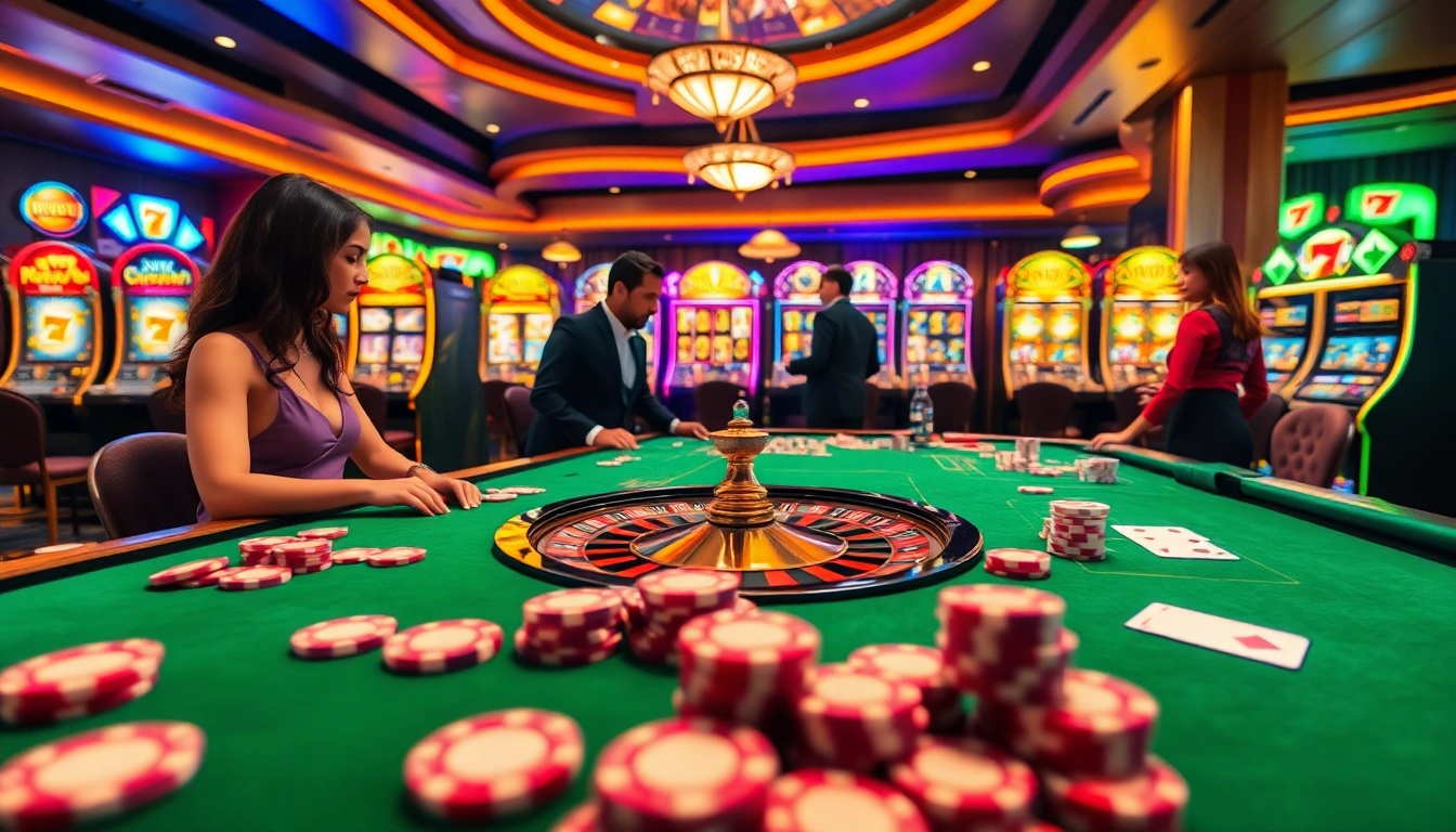 Exciting gameplay scene at Thabet77 casino showcasing luxurious gaming tables and vibrant slot machines.