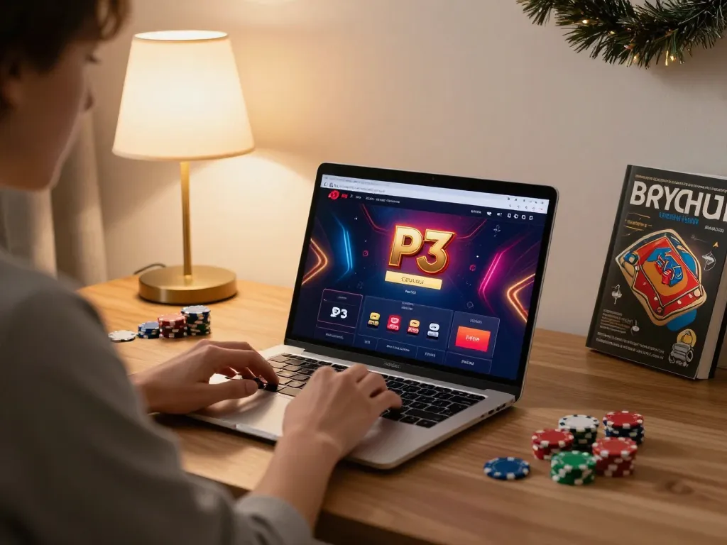 P3 online gambling scene with a player engaged in a casino game at home, capturing strategy and excitement