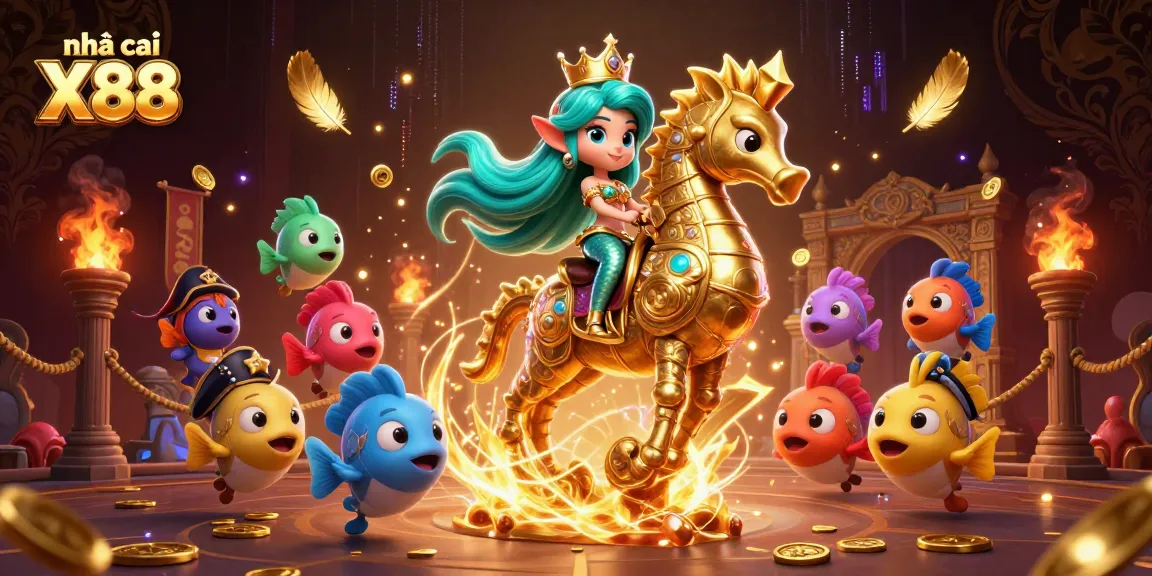 Engage with nhà cái X88's vibrant 3D casino illustration featuring a mermaid princess and seahorse in a dynamic scene.